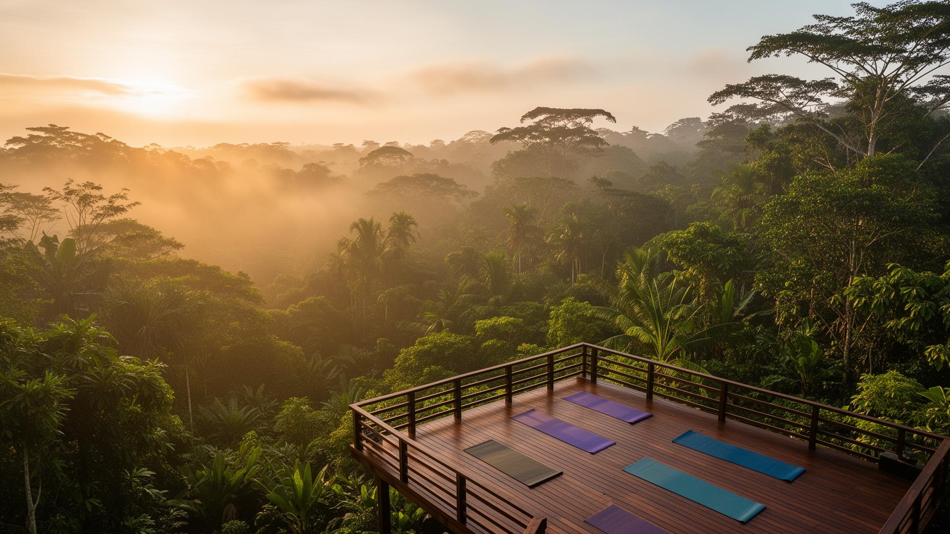 Aerial view of a yoga deck overlooking the Costa Rican jungle at sunrise